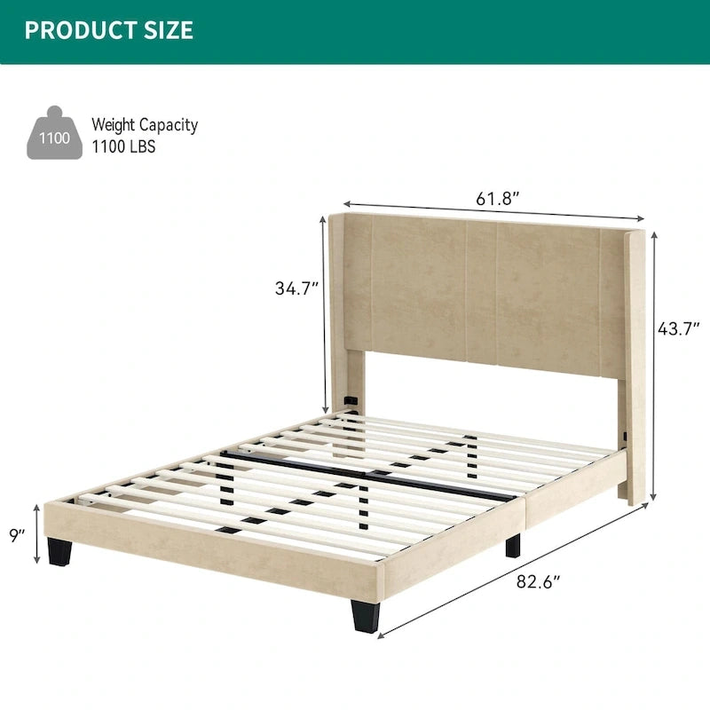 Queen Upholstered Bed Frame with Beige Velvet Headboard and Wingback