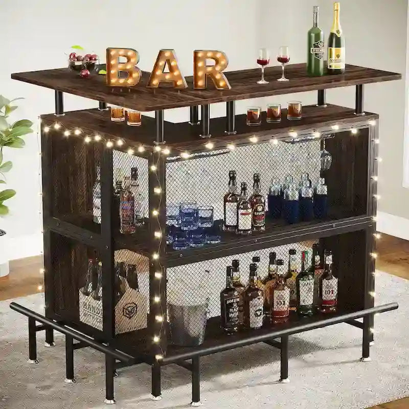L-shape Bar Table with Stemware Racks and Shelves - N/A