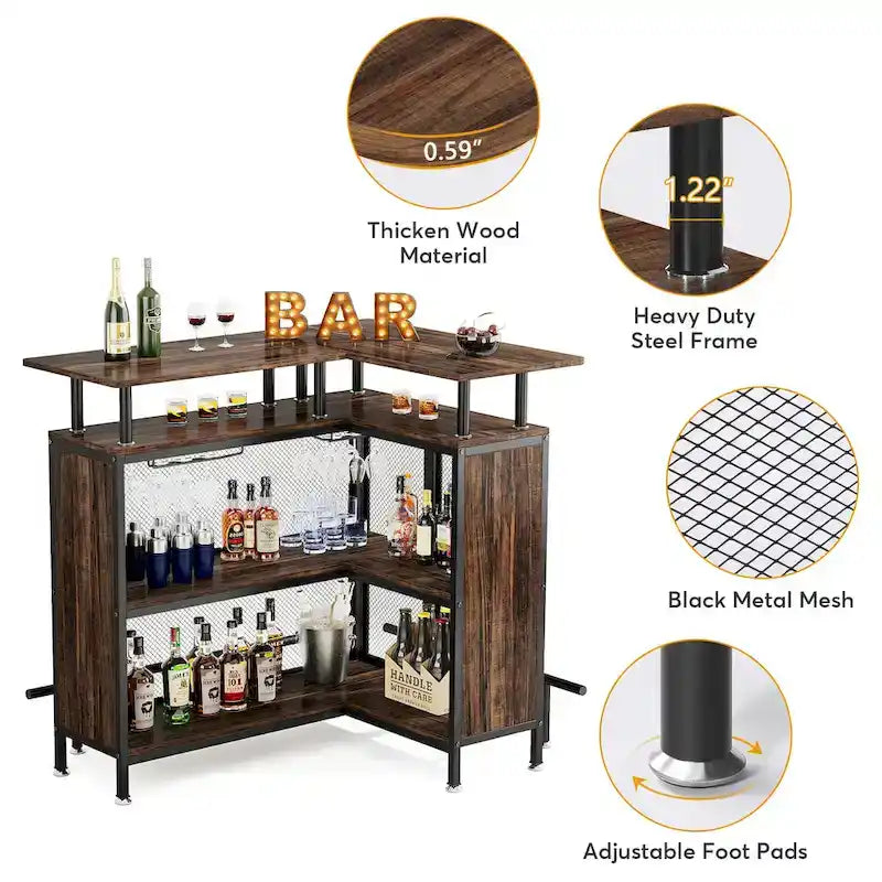 L-shape Bar Table with Stemware Racks and Shelves - N/A