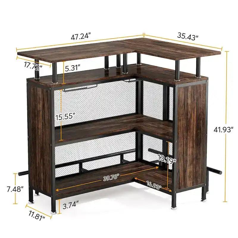 L-shape Bar Table with Stemware Racks and Shelves - N/A