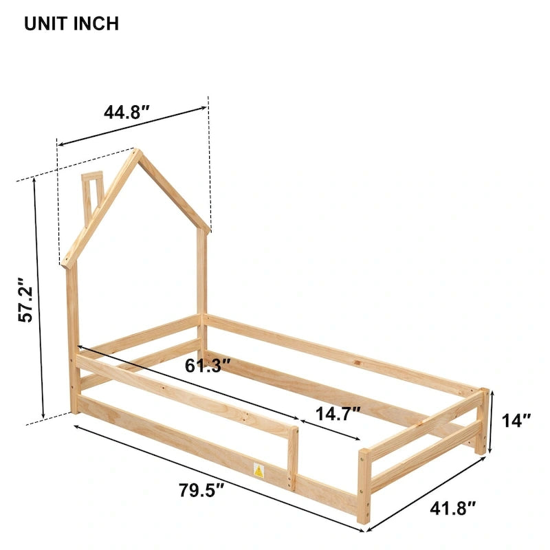Wood bed with House-shaped Headboard