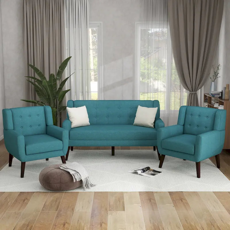Modern Curved 63 Button Tufted Upholstered Loveseat with 2 Accent Chairs