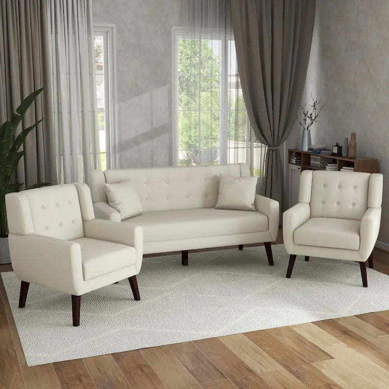 Modern Curved 63 Button Tufted Upholstered Loveseat with 2 Accent Chairs