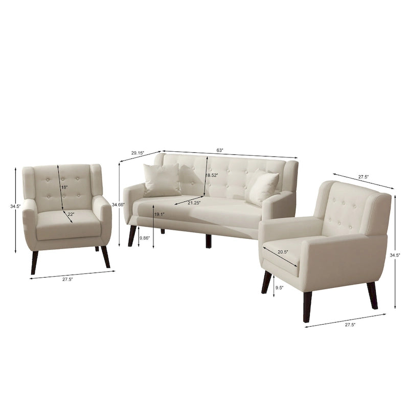 Modern Curved 63 Button Tufted Upholstered Loveseat with 2 Accent Chairs