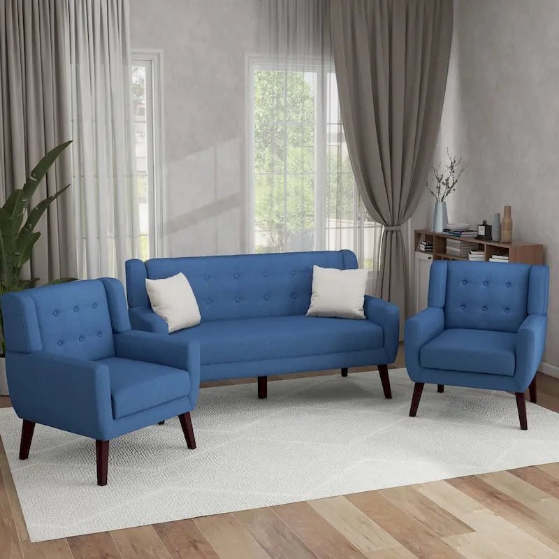 Modern Curved 63 Button Tufted Upholstered Loveseat with 2 Accent Chairs