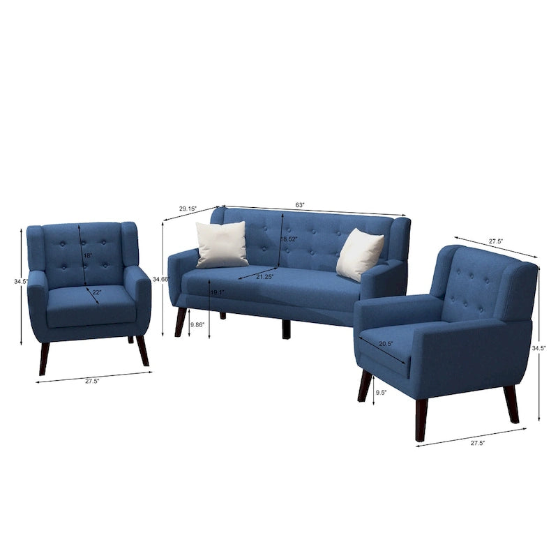Modern Curved 63 Button Tufted Upholstered Loveseat with 2 Accent Chairs