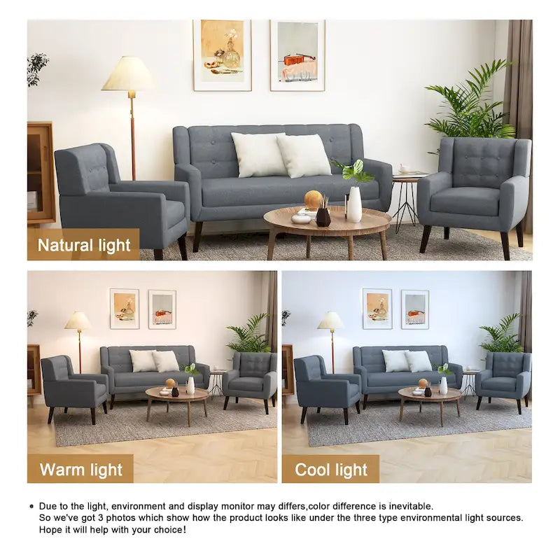 Modern Curved 63 Button Tufted Upholstered Loveseat with 2 Accent Chairs