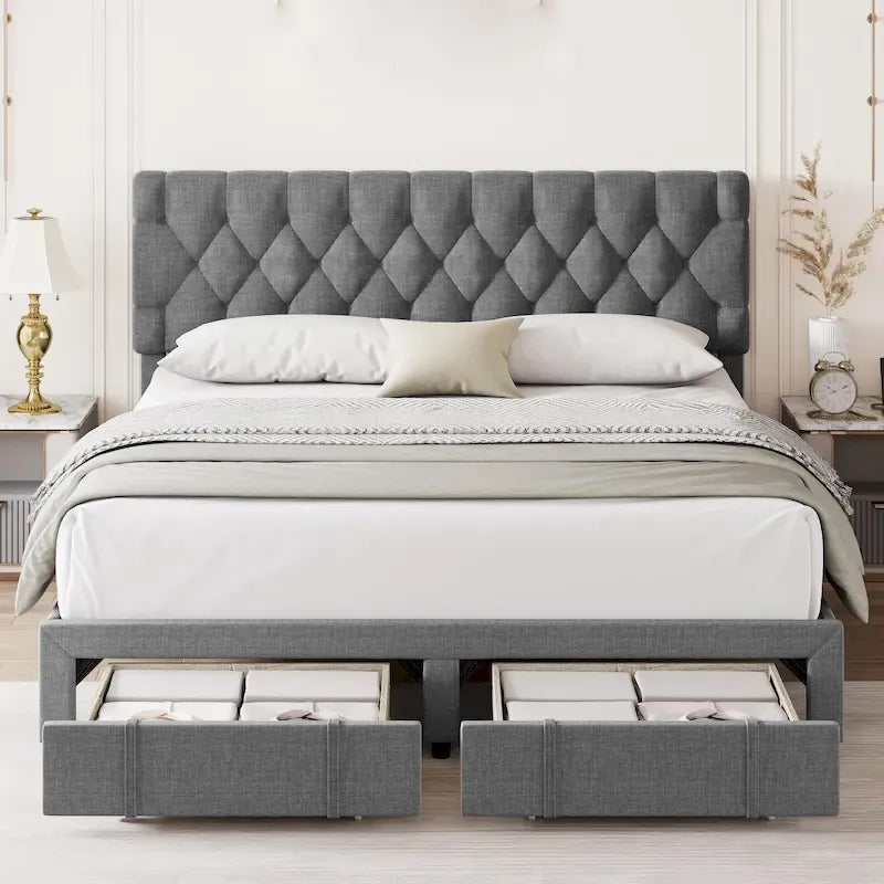 Bed Frame with 2 Storage Drawers, with Adjustable Button Tufted Headboard, Load Up to 1000Lbs