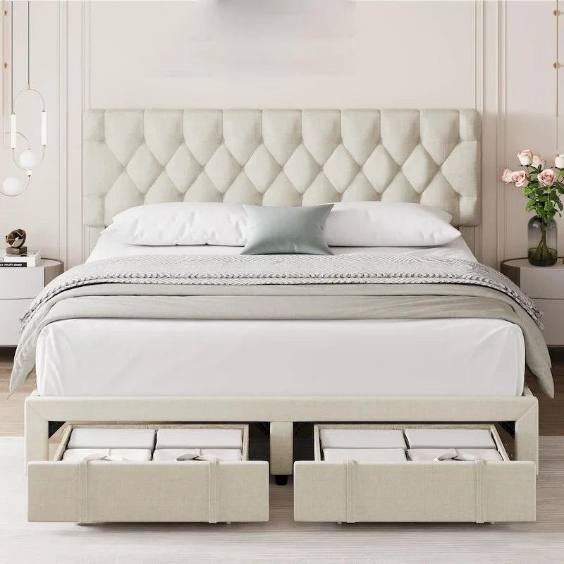 Bed Frame with 2 Storage Drawers, with Adjustable Button Tufted Headboard, Load Up to 1000Lbs
