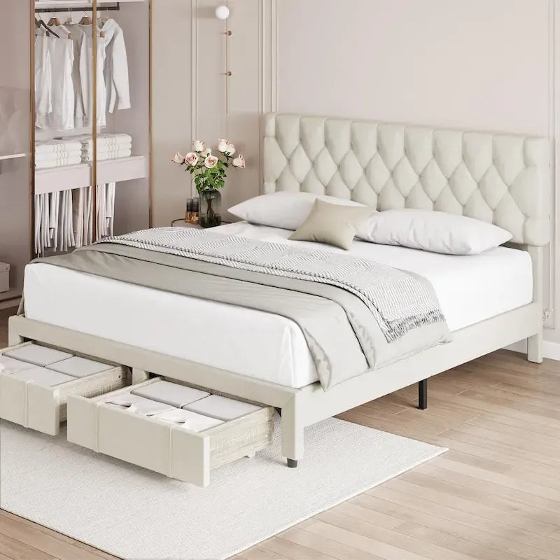 Bed Frame with 2 Storage Drawers, with Adjustable Button Tufted Headboard, Load Up to 1000Lbs