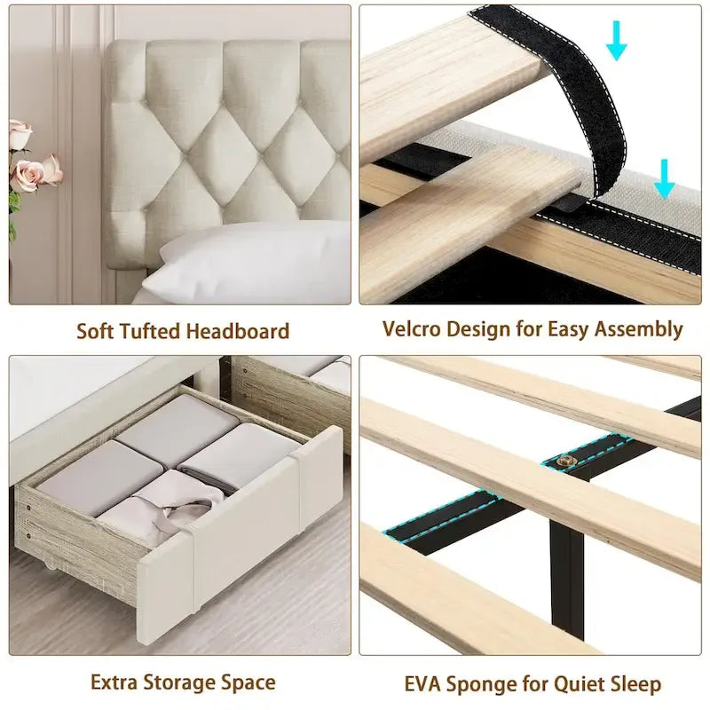Bed Frame with 2 Storage Drawers, with Adjustable Button Tufted Headboard, Load Up to 1000Lbs