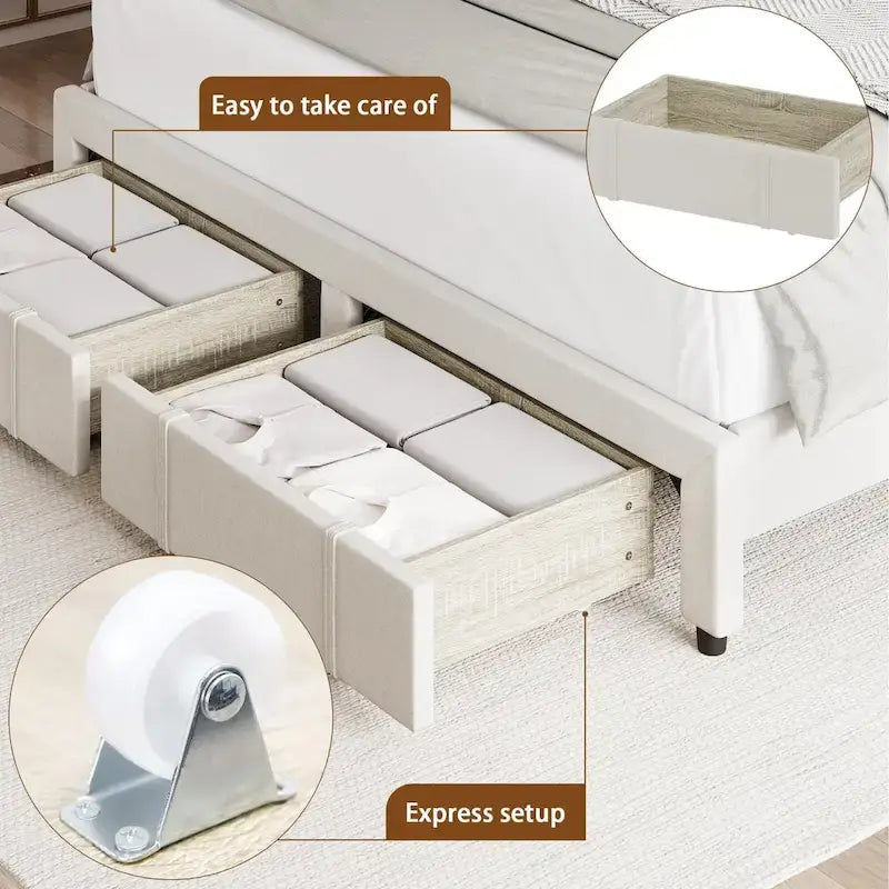 Bed Frame with 2 Storage Drawers, with Adjustable Button Tufted Headboard, Load Up to 1000Lbs
