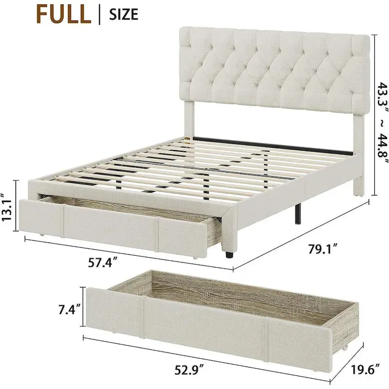 Bed Frame with 2 Storage Drawers, with Adjustable Button Tufted Headboard, Load Up to 1000Lbs