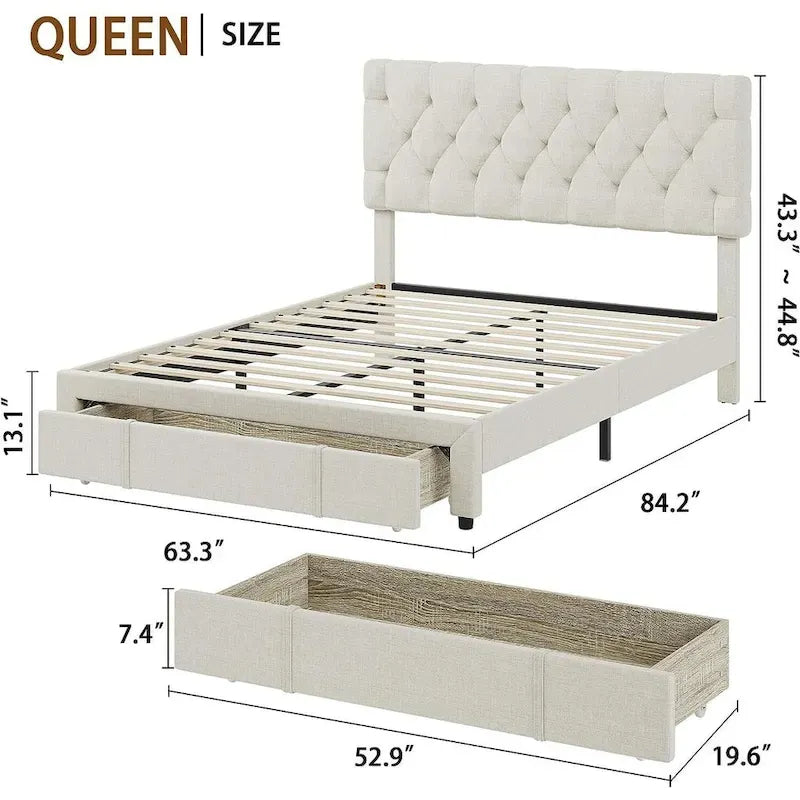 Bed Frame with 2 Storage Drawers, with Adjustable Button Tufted Headboard, Load Up to 1000Lbs