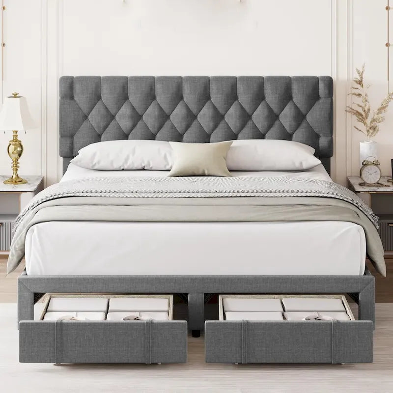Bed Frame with 2 Storage Drawers, with Adjustable Button Tufted Headboard, Load Up to 1000Lbs