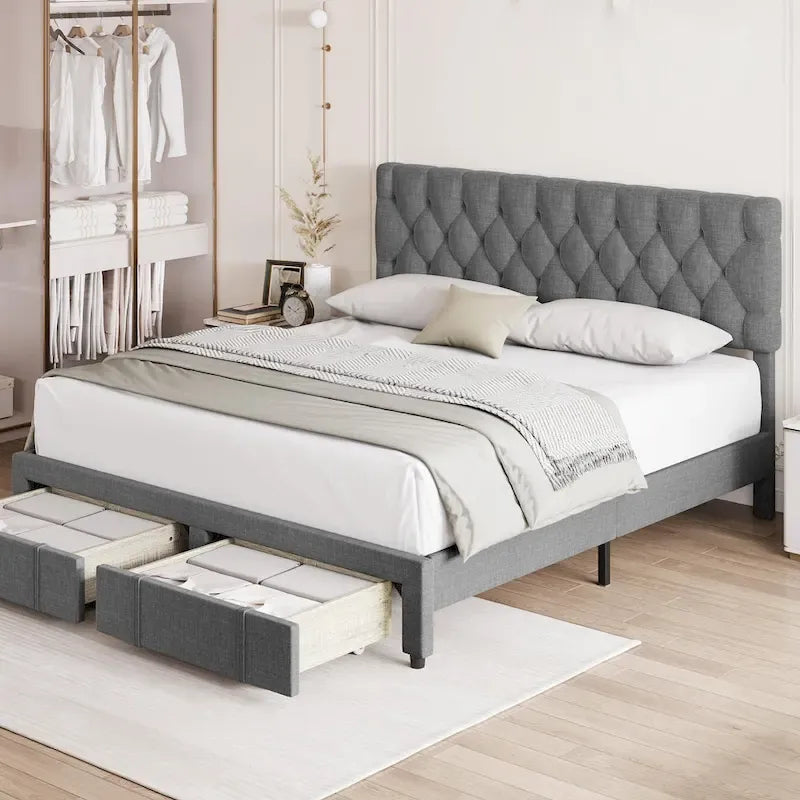 Bed Frame with 2 Storage Drawers, with Adjustable Button Tufted Headboard, Load Up to 1000Lbs