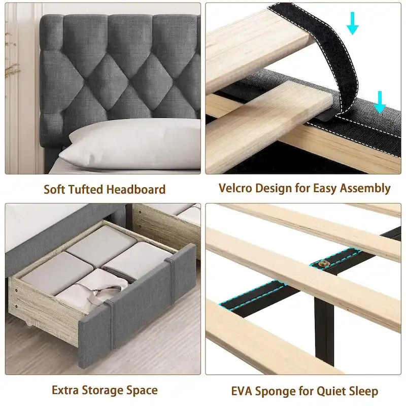 Bed Frame with 2 Storage Drawers, with Adjustable Button Tufted Headboard, Load Up to 1000Lbs