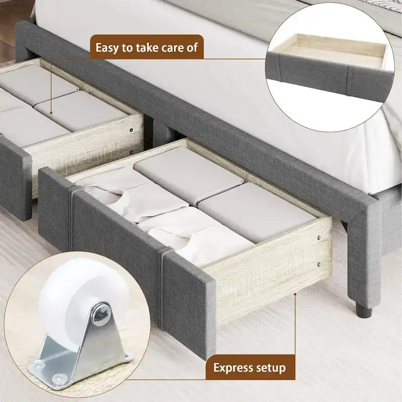 Bed Frame with 2 Storage Drawers, with Adjustable Button Tufted Headboard, Load Up to 1000Lbs