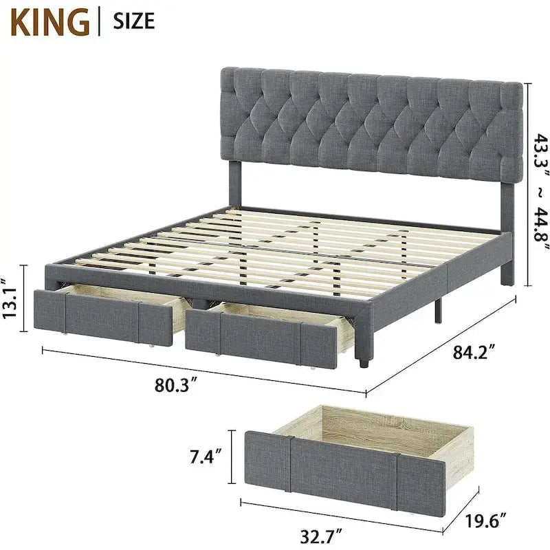 Bed Frame with 2 Storage Drawers, with Adjustable Button Tufted Headboard, Load Up to 1000Lbs