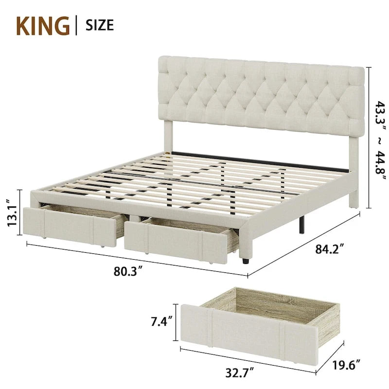 Bed Frame with 2 Storage Drawers, with Adjustable Button Tufted Headboard, Load Up to 1000Lbs