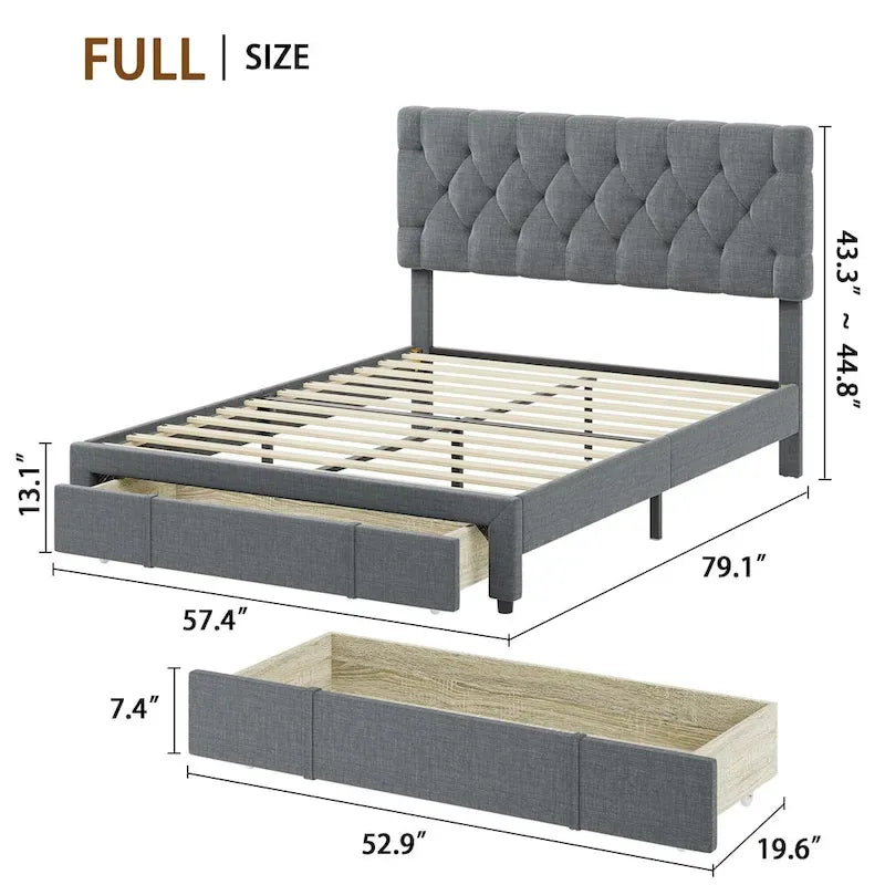 Bed Frame with 2 Storage Drawers, with Adjustable Button Tufted Headboard, Load Up to 1000Lbs