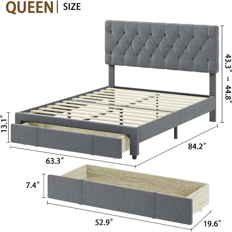 Bed Frame with 2 Storage Drawers, with Adjustable Button Tufted Headboard, Load Up to 1000Lbs
