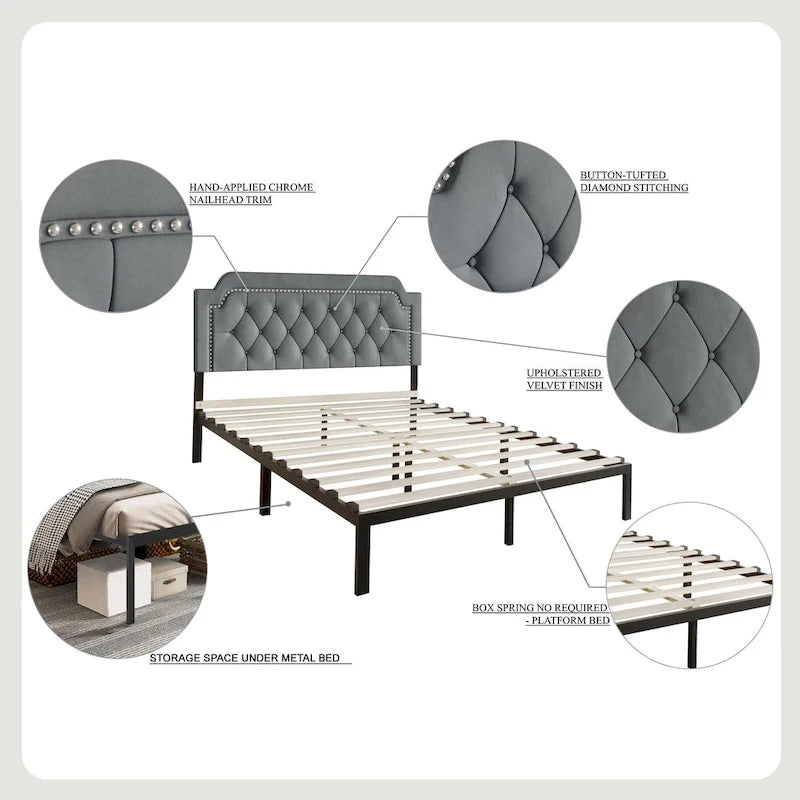 CraftPorch Elegance Velvet Button Tufted Upholstered Platform Bed