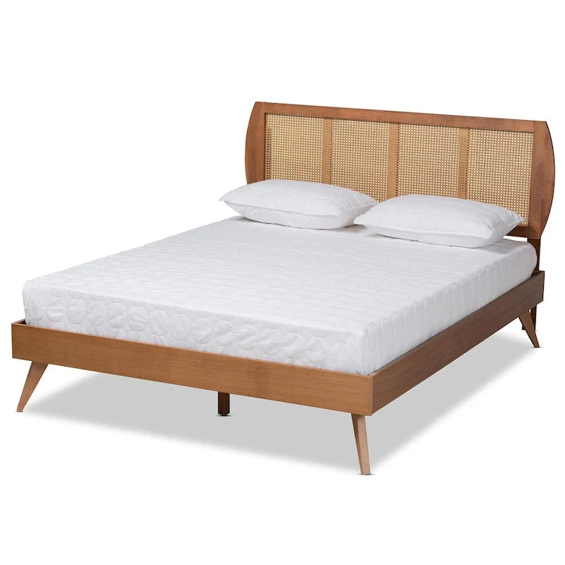 Asami Walnut Finished Wood and Synthetic Rattan Platform Bed