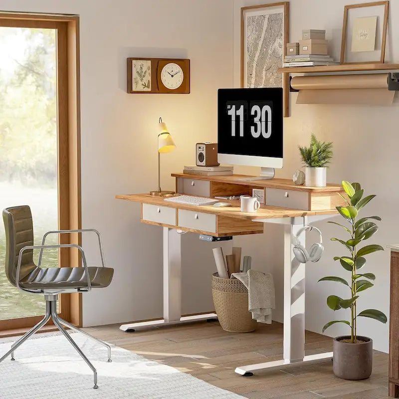 FEZIBO Sturdy Height Adjustable Electric Standing Desk with Drawers, Stand Up Table with Large Storage Shelf, Sit Stand Desk