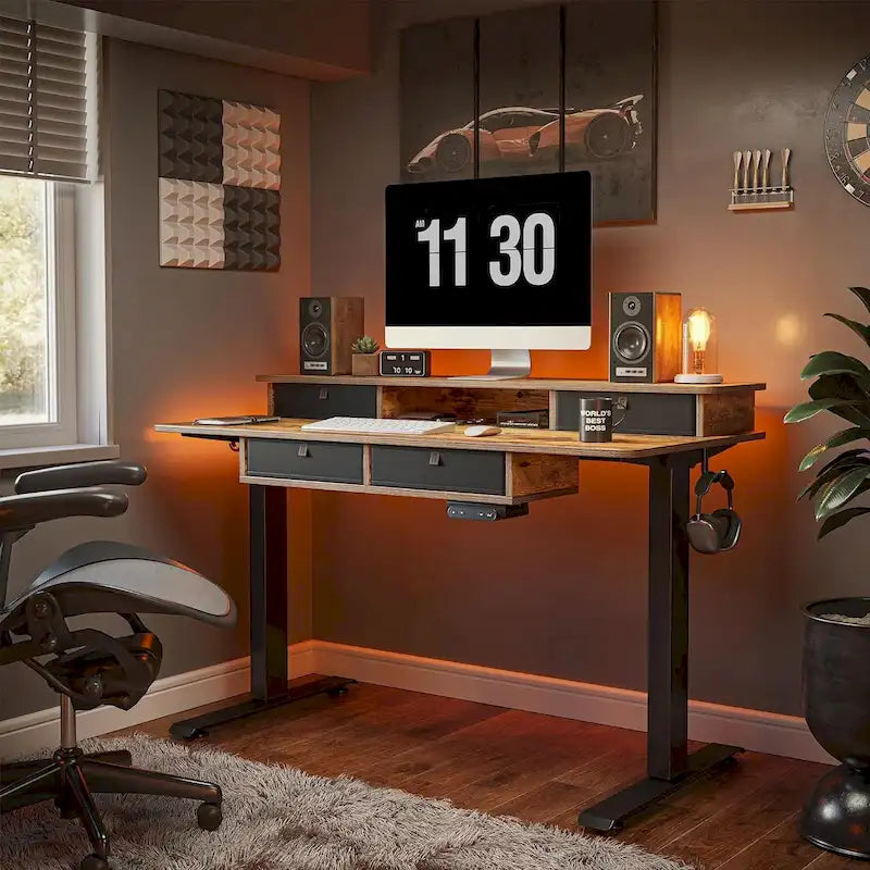 FEZIBO Sturdy Height Adjustable Electric Standing Desk with Drawers, Stand Up Table with Large Storage Shelf, Sit Stand Desk