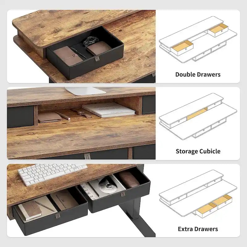 FEZIBO Sturdy Height Adjustable Electric Standing Desk with Drawers, Stand Up Table with Large Storage Shelf, Sit Stand Desk
