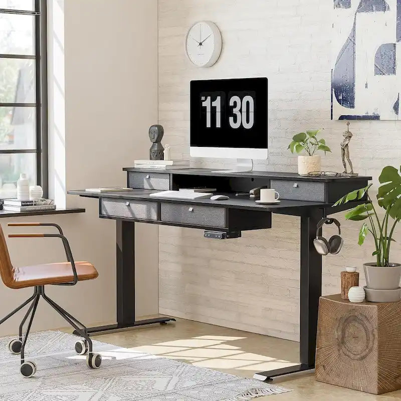 FEZIBO Sturdy Height Adjustable Electric Standing Desk with Drawers, Stand Up Table with Large Storage Shelf, Sit Stand Desk