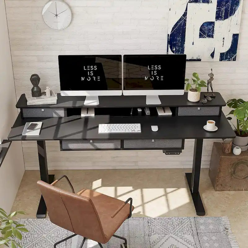 FEZIBO Sturdy Height Adjustable Electric Standing Desk with Drawers, Stand Up Table with Large Storage Shelf, Sit Stand Desk