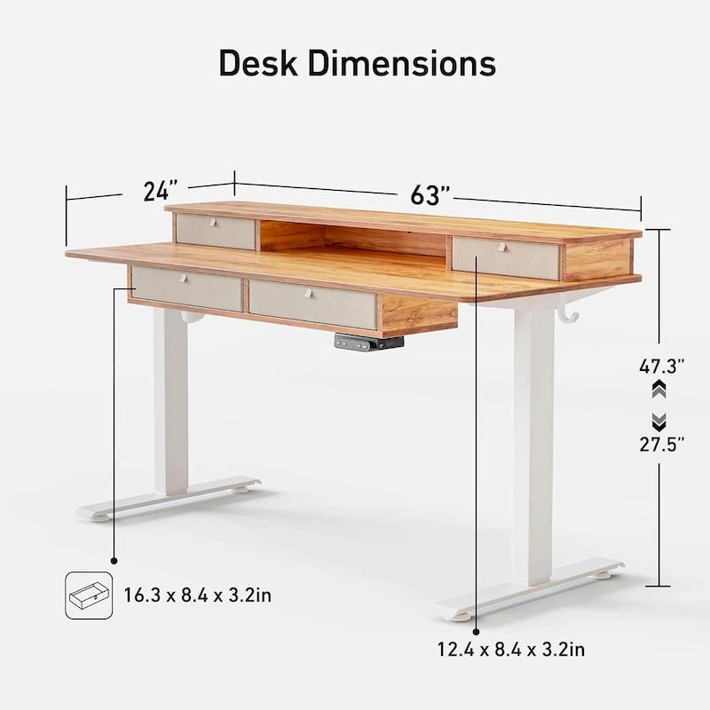 FEZIBO Sturdy Height Adjustable Electric Standing Desk with Drawers, Stand Up Table with Large Storage Shelf, Sit Stand Desk