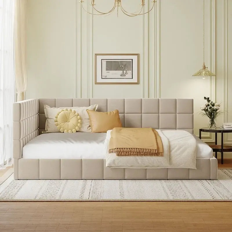 Full Size Upholstered Daybed/Sofa Bed with L-shaped Headboard