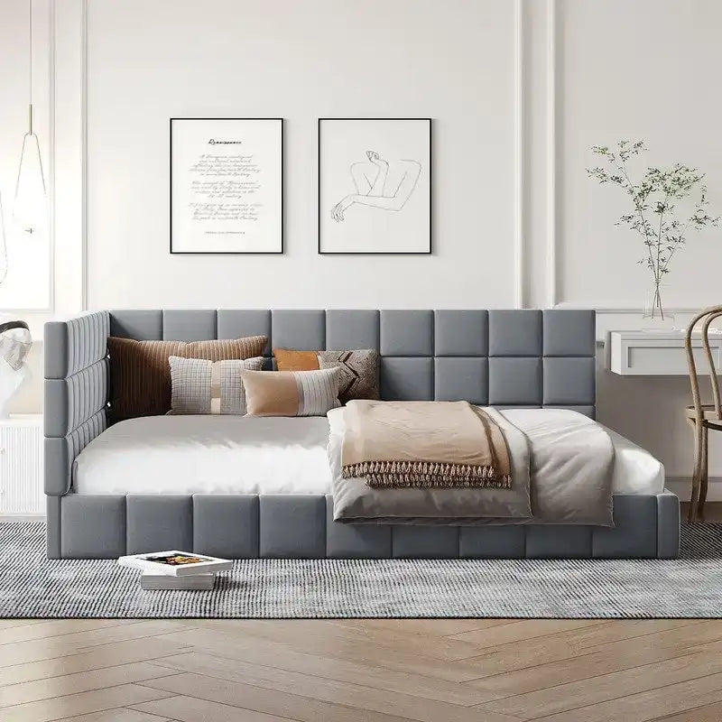Full Size Upholstered Daybed/Sofa Bed with L-shaped Headboard