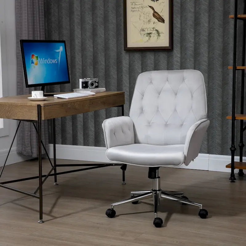 Vinsetto Modern Mid-Back Tufted Velvet Home Office Desk Chair with Arms, Swivel Adjustable Accent Chair with Soft Seat