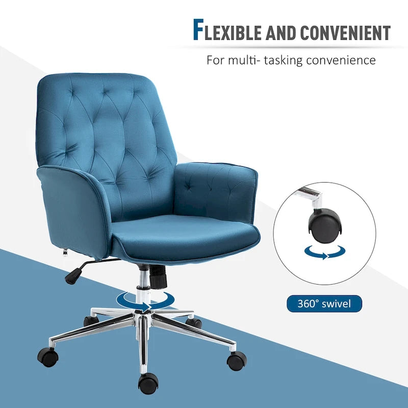 Vinsetto Modern Mid-Back Tufted Velvet Home Office Desk Chair with Arms, Swivel Adjustable Accent Chair with Soft Seat