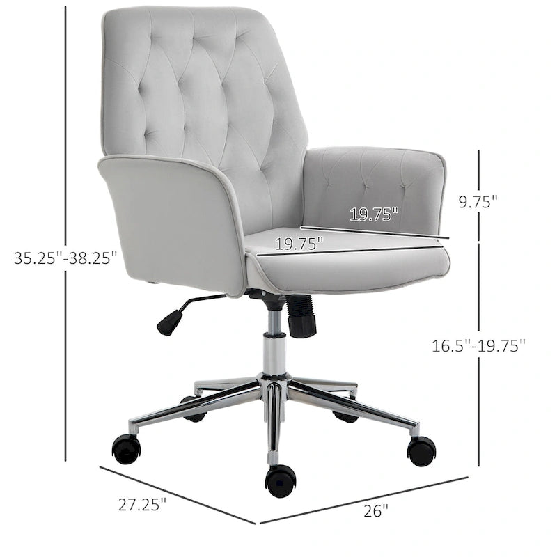 Vinsetto Modern Mid-Back Tufted Velvet Home Office Desk Chair with Arms, Swivel Adjustable Accent Chair with Soft Seat