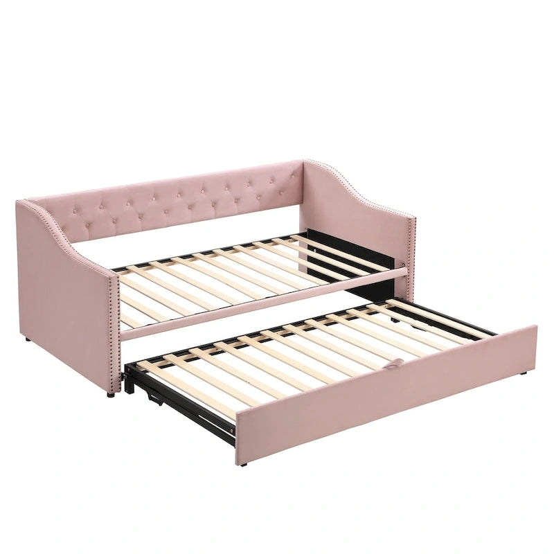 Twin Size Upholstered daybed with Pop Up Trundle, Beige