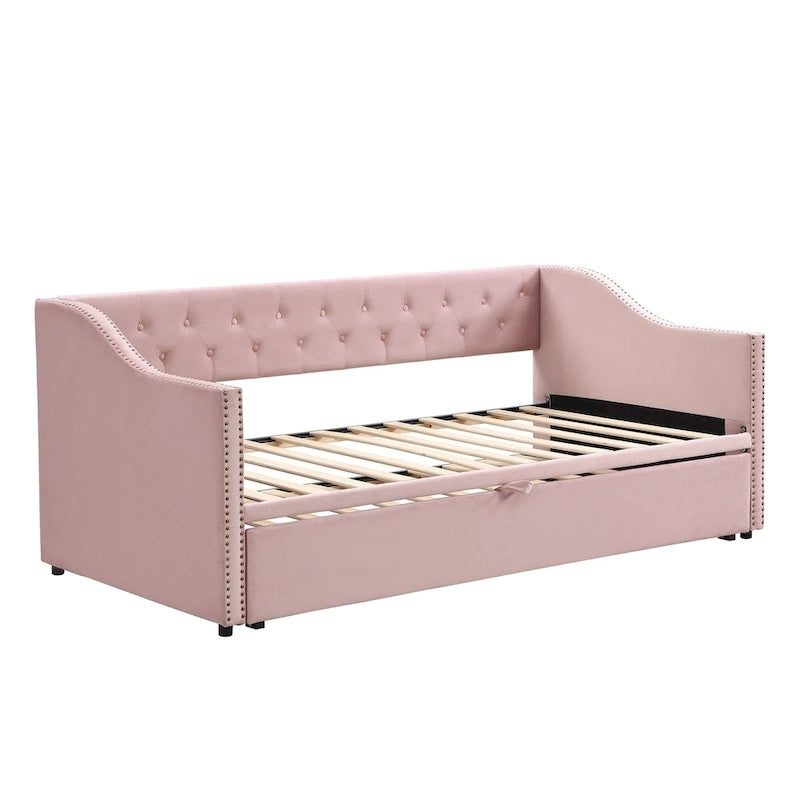 Twin Size Upholstered daybed with Pop Up Trundle, Beige