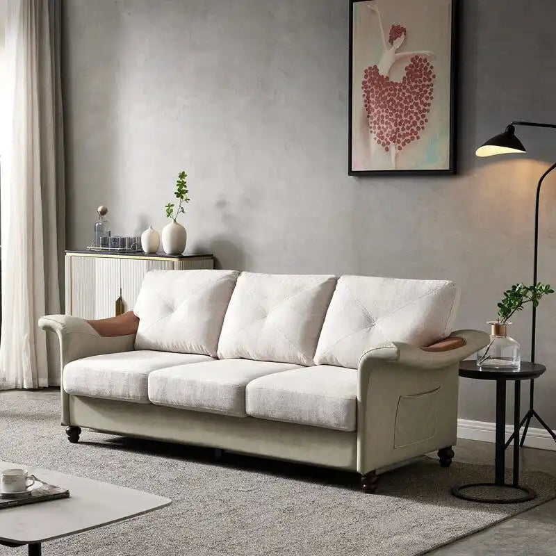 Linen Fabric Faux Leather Sofa with Two Removable Storage Boxes