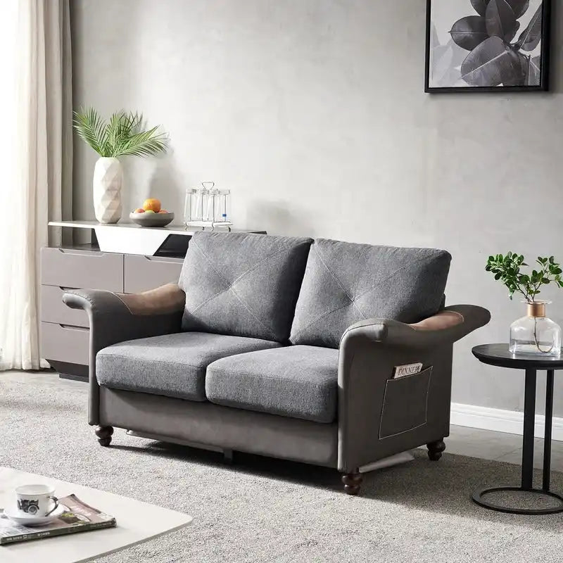 Linen Fabric Faux Leather Sofa with Two Removable Storage Boxes