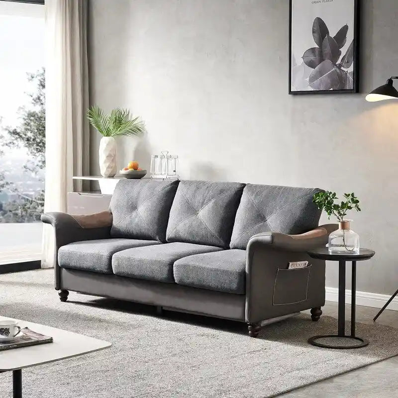 Linen Fabric Faux Leather Sofa with Two Removable Storage Boxes