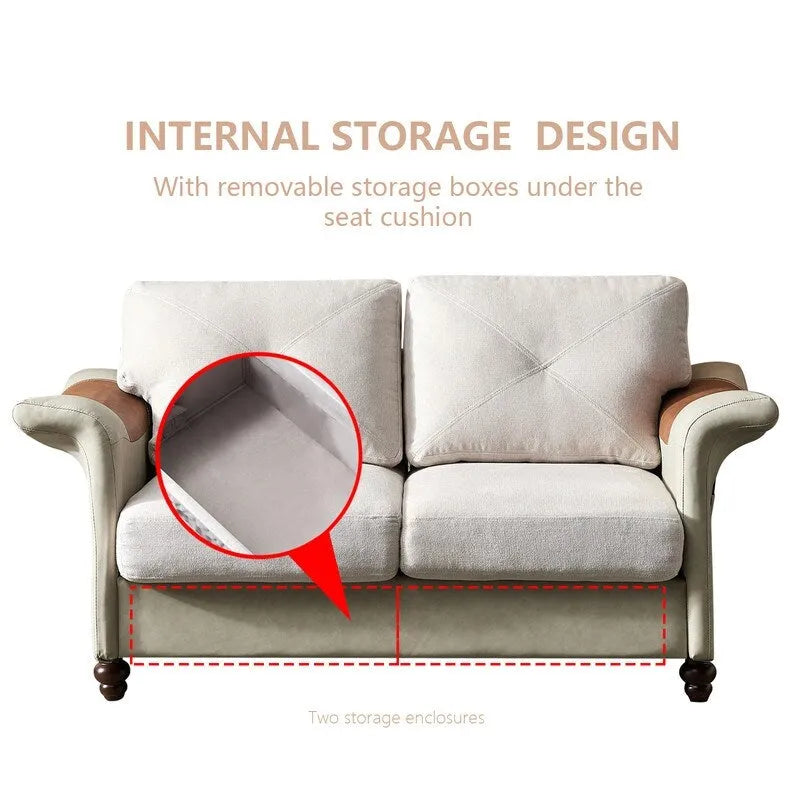 Linen Fabric Faux Leather Sofa with Two Removable Storage Boxes