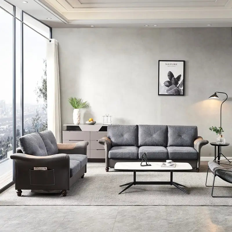 Linen Fabric Faux Leather Sofa with Two Removable Storage Boxes