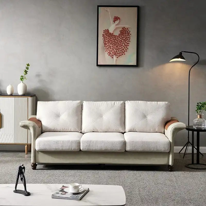 Linen Fabric Faux Leather Sofa with Two Removable Storage Boxes