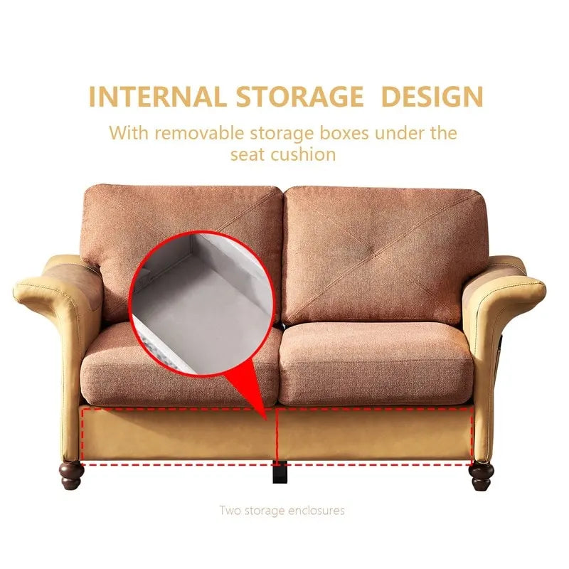 Linen Fabric Faux Leather Sofa with Two Removable Storage Boxes