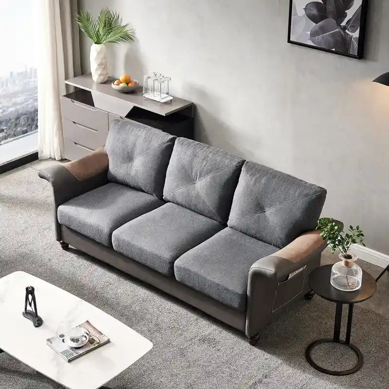 Linen Fabric Faux Leather Sofa with Two Removable Storage Boxes