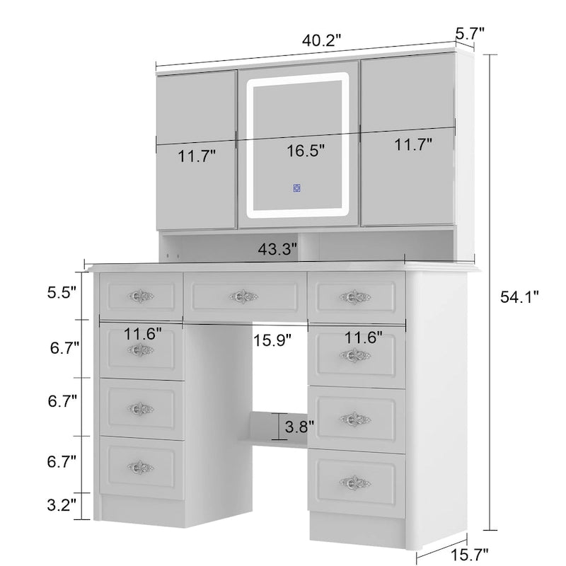 Elegant White Makeup Dressing Table with Adjustable Mirror Large Desk